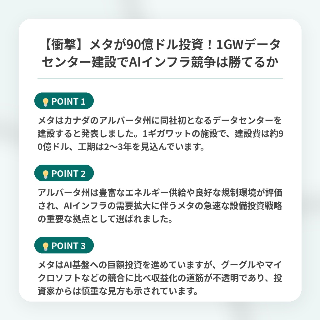 【衝撃】メタが90億ドル投資!1GWデータセンター建設でAIインフラ競争は勝てるかの注目ポイントまとめ
