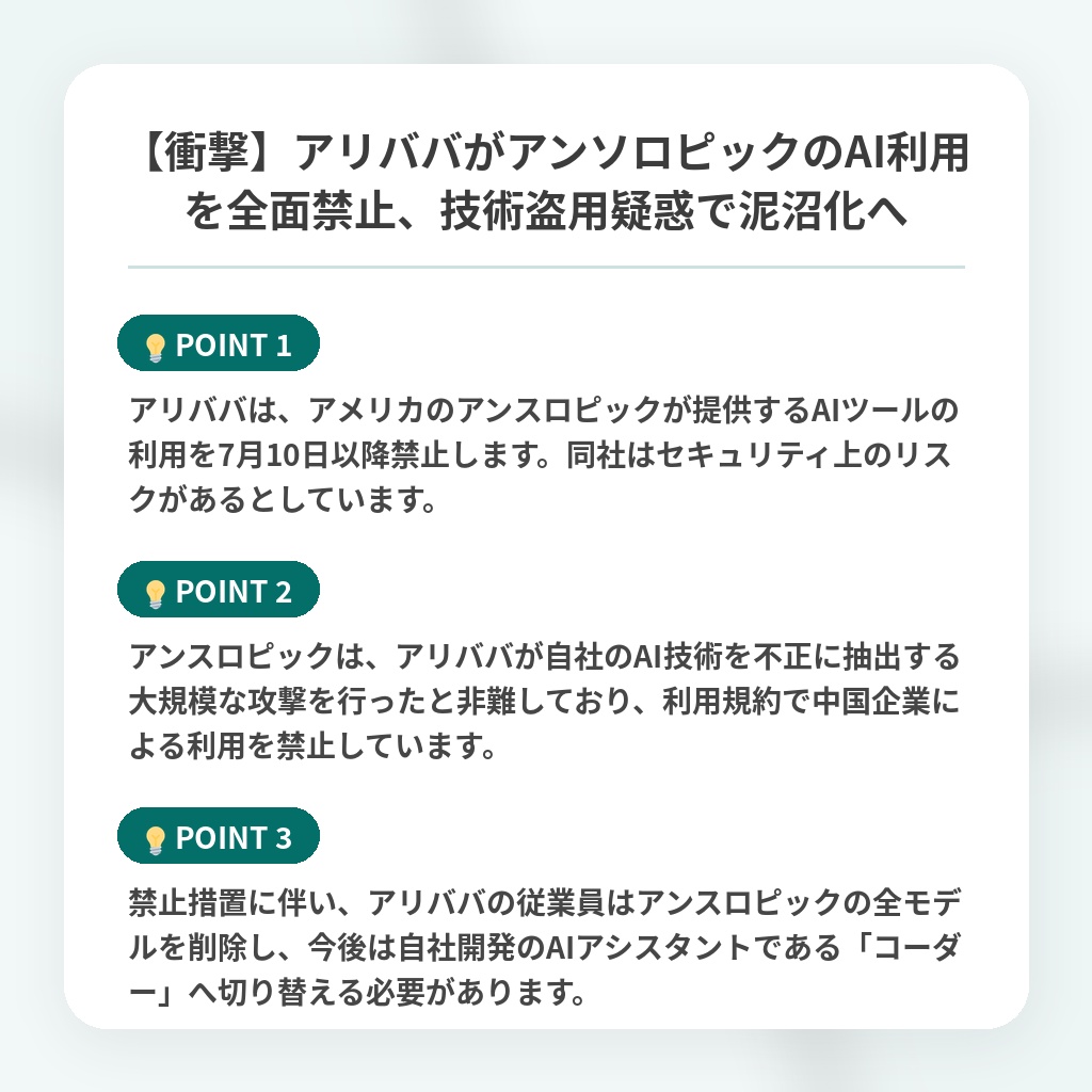 【衝撃】アリババがアンソロピックのAI利用を全面禁止、技術盗用疑惑で泥沼化への注目ポイントまとめ