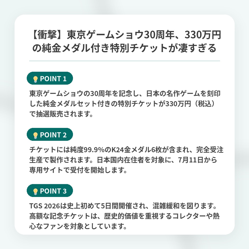 【衝撃】東京ゲームショウ30周年、330万円の純金メダル付き特別チケットが凄すぎるの注目ポイントまとめ