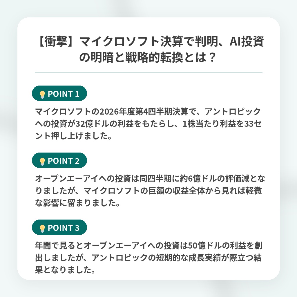 【衝撃】マイクロソフト決算で判明、AI投資の明暗と戦略的転換とは?の注目ポイントまとめ
