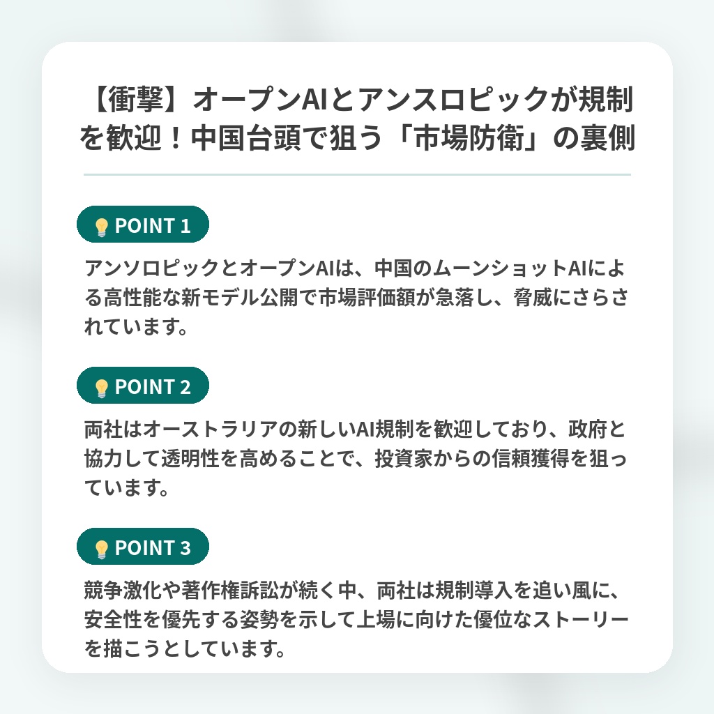 【衝撃】オープンAIとアンスロピックが規制を歓迎！中国台頭で狙う「市場防衛」の裏側の注目ポイントまとめ