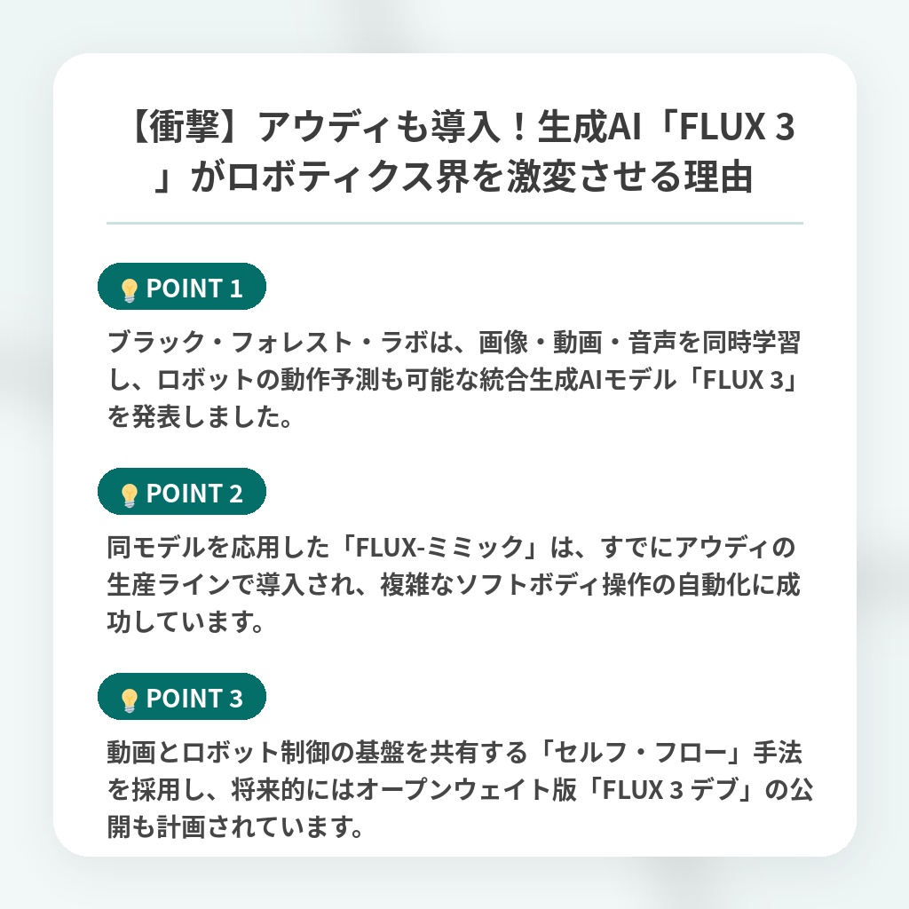 【衝撃】アウディも導入!生成AI「FLUX 3」がロボティクス界を激変させる理由の注目ポイントまとめ