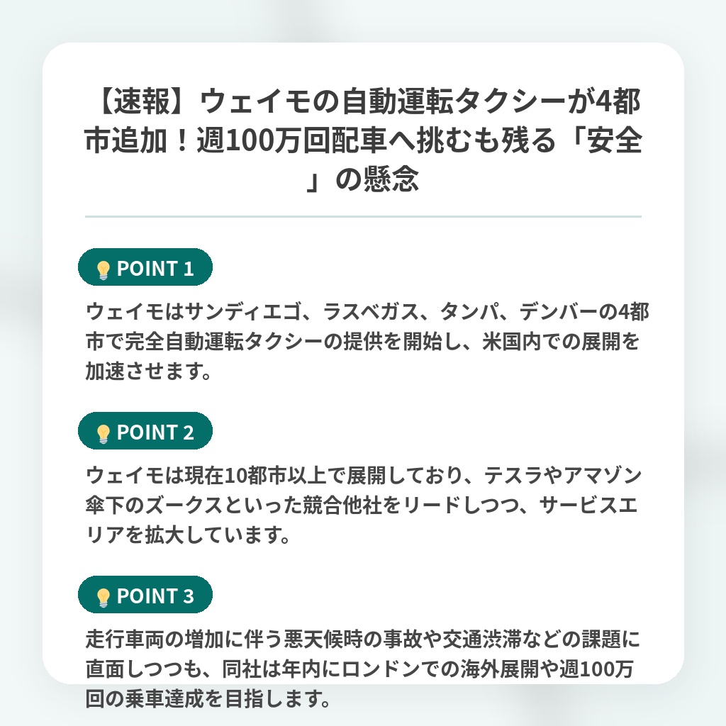 【速報】ウェイモの自動運転タクシーが4都市追加!週100万回配車へ挑むも残る「安全」の懸念の注目ポイントまとめ