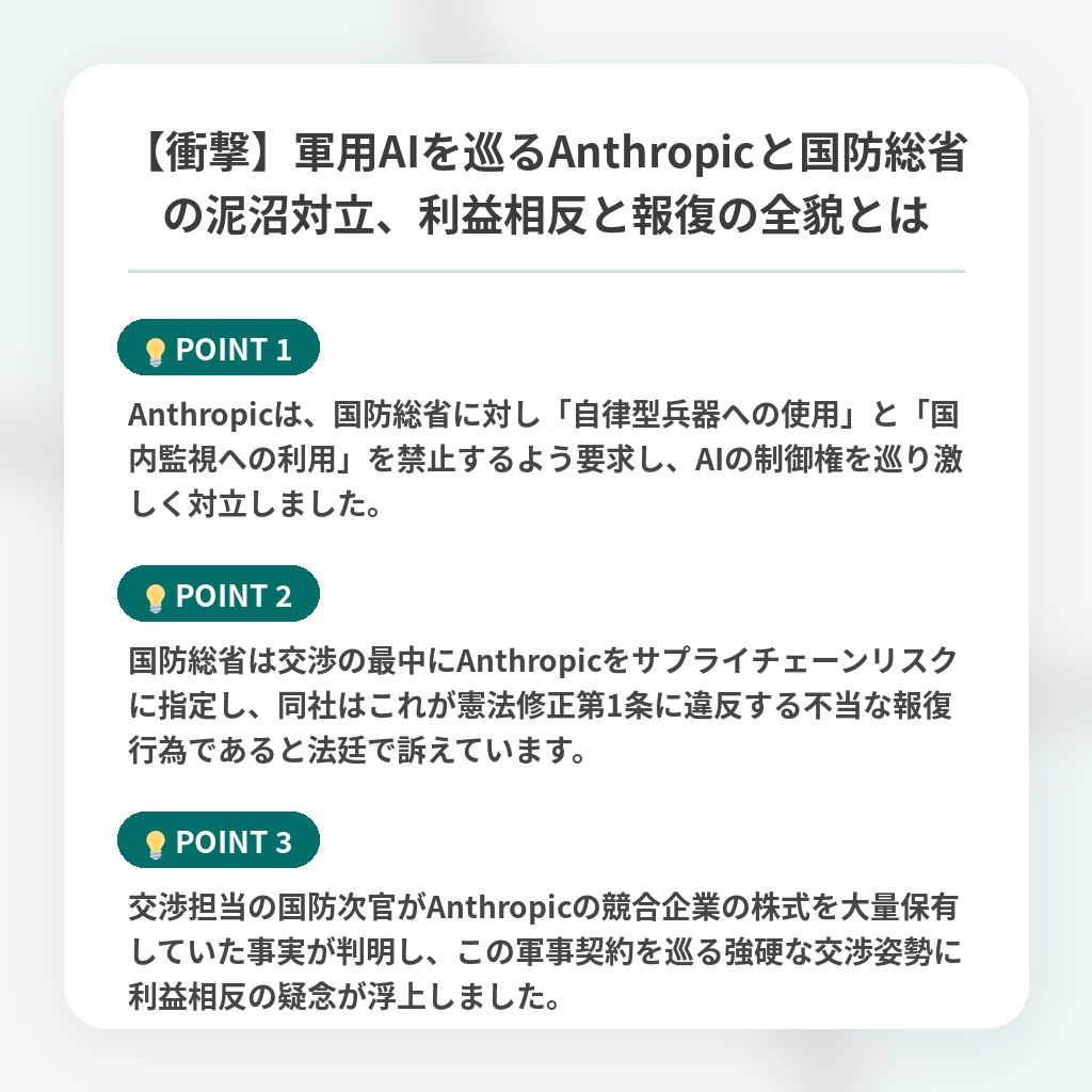 【衝撃】軍用AIを巡るAnthropicと国防総省の泥沼対立、利益相反と報復の全貌とはの注目ポイントまとめ