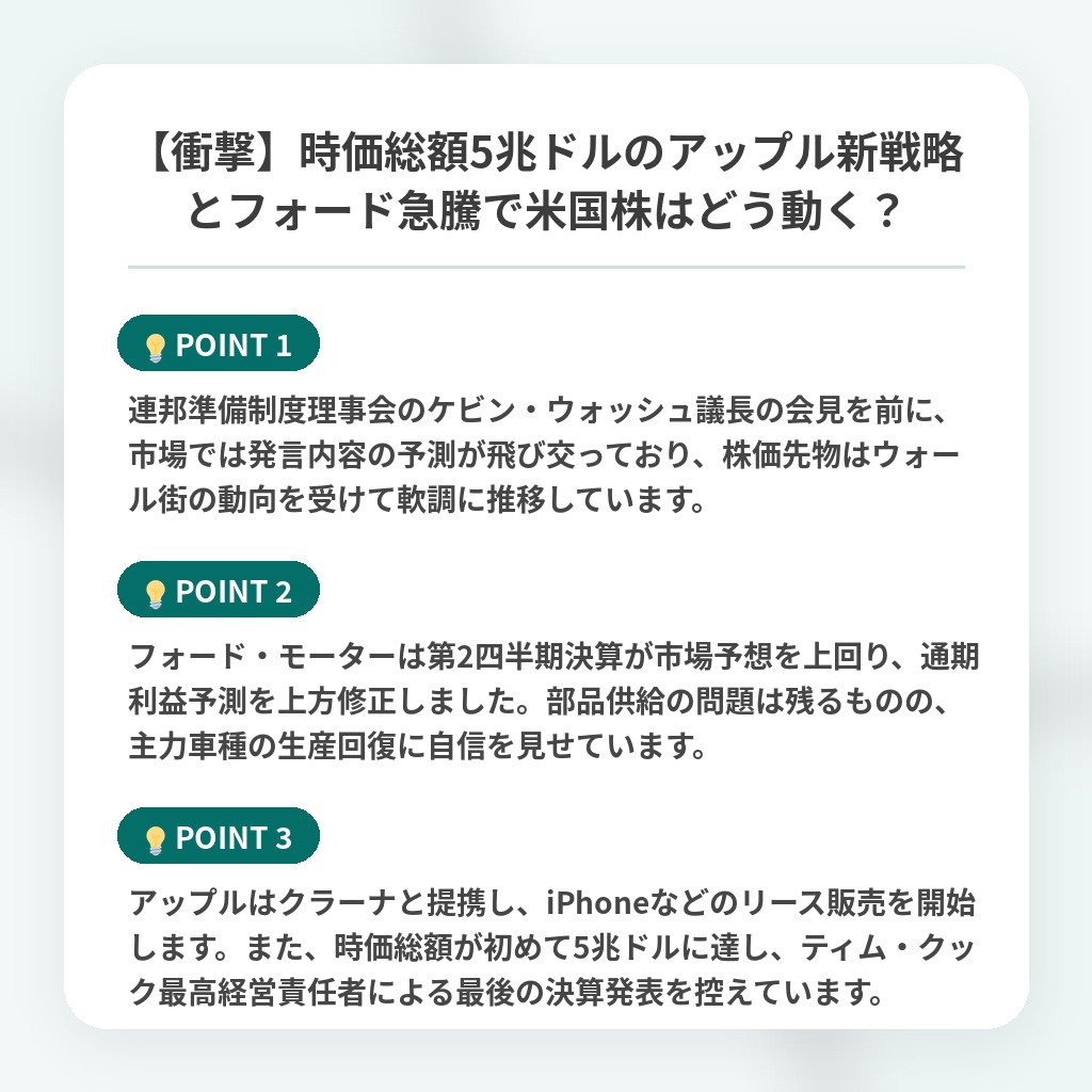 【衝撃】時価総額5兆ドルのアップル新戦略とフォード急騰で米国株はどう動く？の注目ポイントまとめ