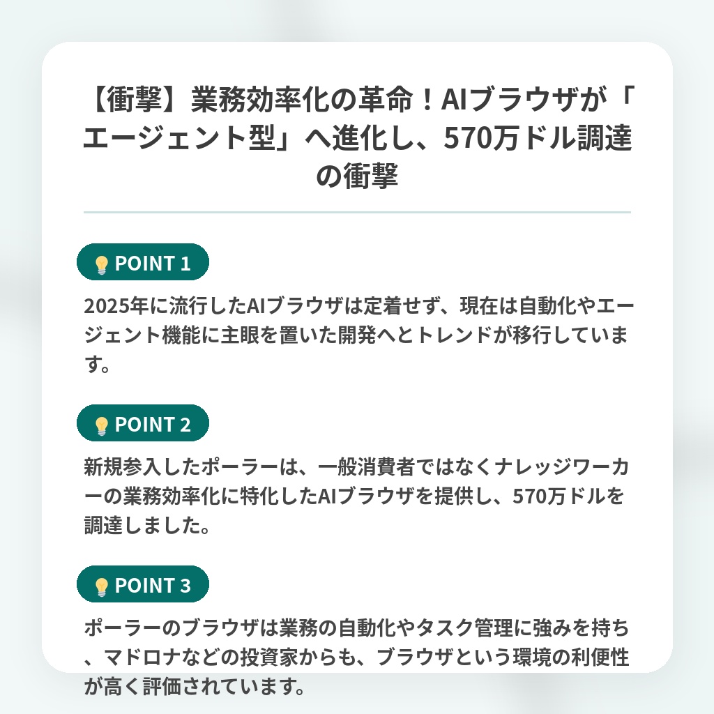 【衝撃】業務効率化の革命!AIブラウザが「エージェント型」へ進化し、570万ドル調達の衝撃の注目ポイントまとめ