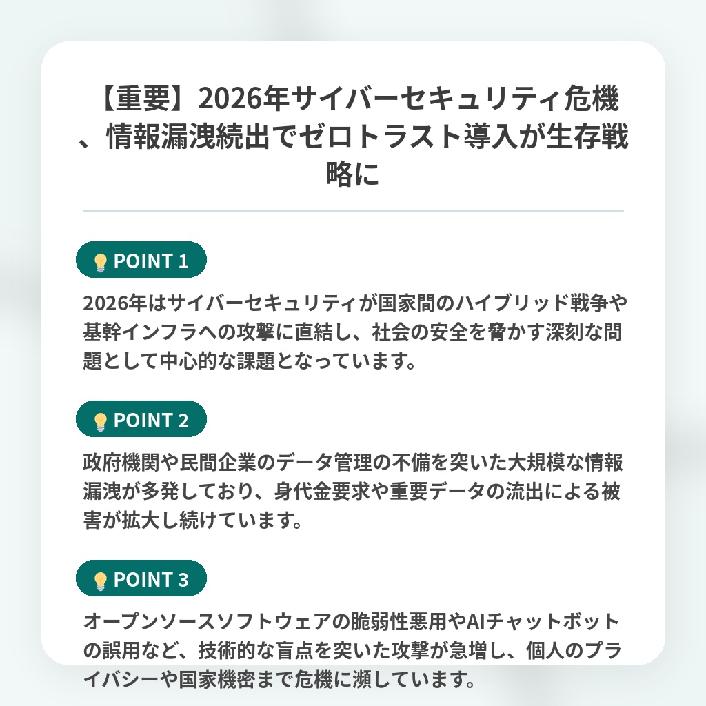 【重要】2026年サイバーセキュリティ危機、情報漏洩続出でゼロトラスト導入が生存戦略にの注目ポイントまとめ