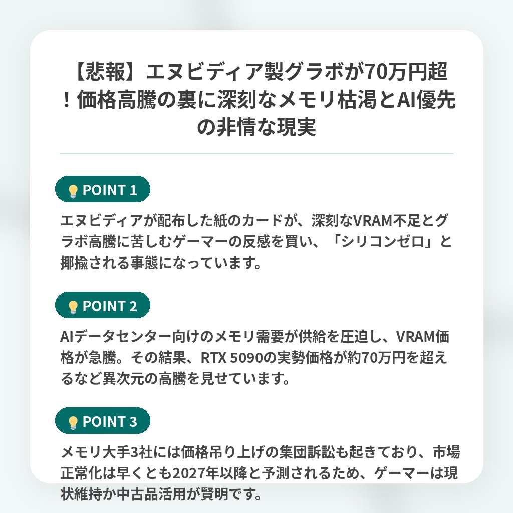 【悲報】エヌビディア製グラボが70万円超!価格高騰の裏に深刻なメモリ枯渇とAI優先の非情な現実の注目ポイントまとめ