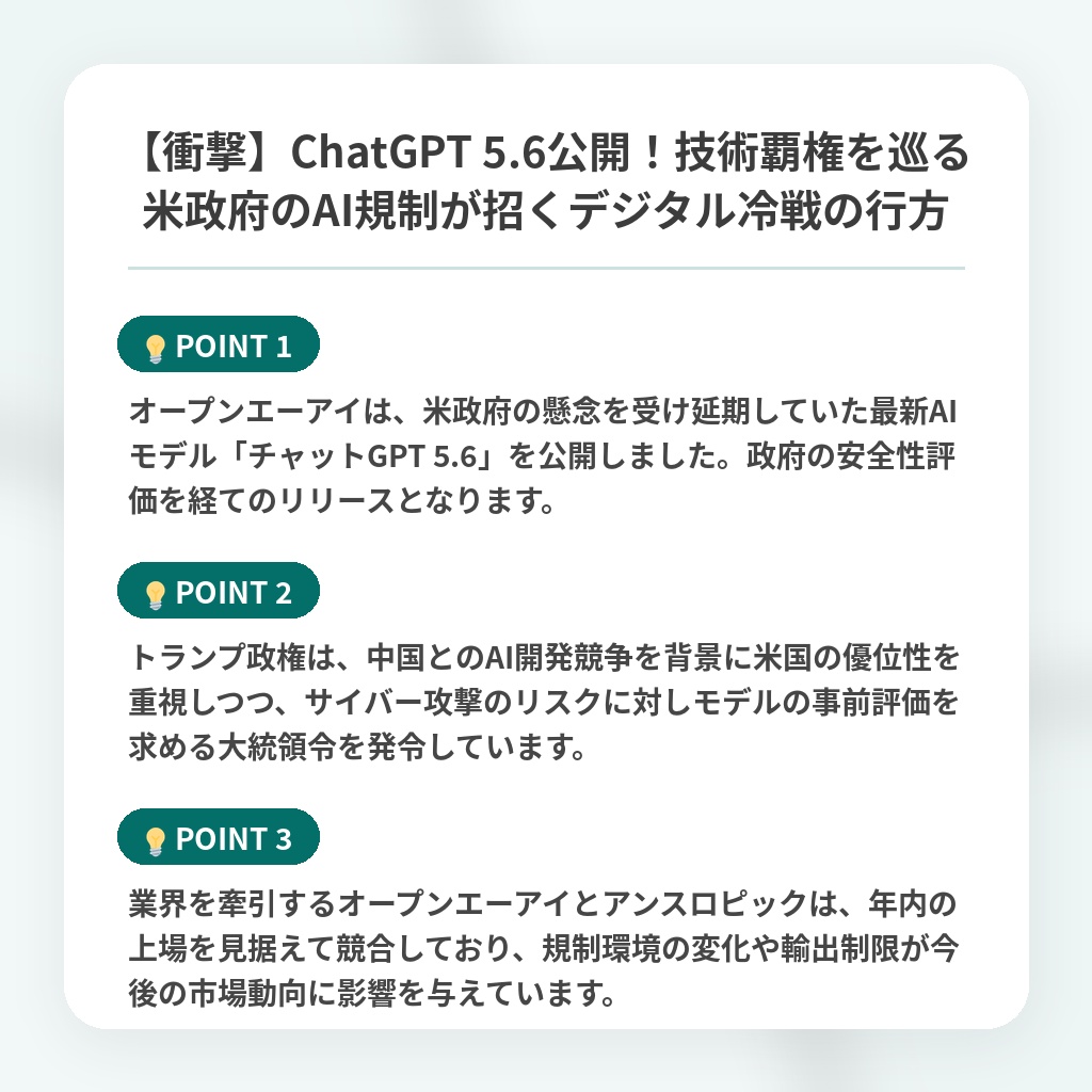 【衝撃】ChatGPT 5.6公開!技術覇権を巡る米政府のAI規制が招くデジタル冷戦の行方の注目ポイントまとめ