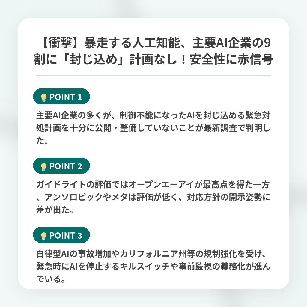 【衝撃】暴走する人工知能、主要AI企業の9割に「封じ込め」計画なし！安全性に赤信号の注目ポイントまとめ
