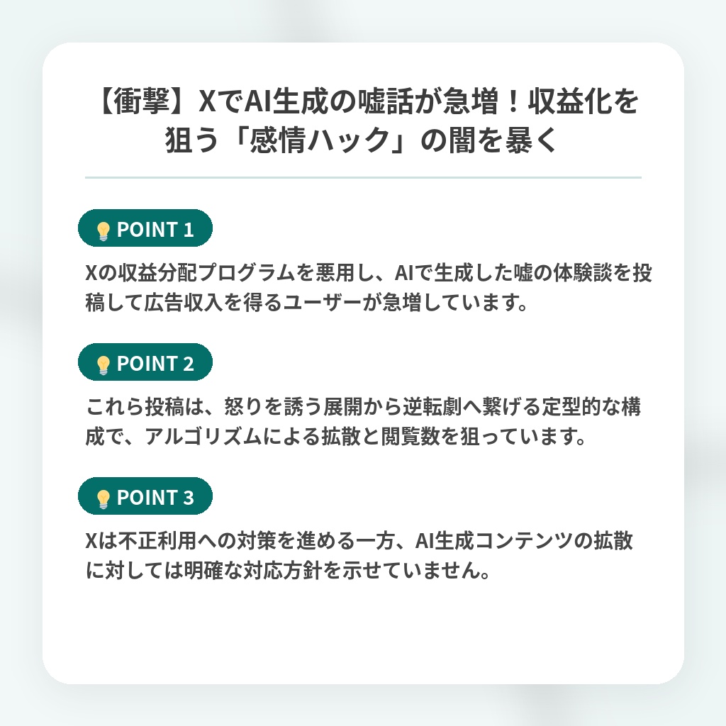 【衝撃】XでAI生成の嘘話が急増!収益化を狙う「感情ハック」の闇を暴くの注目ポイントまとめ