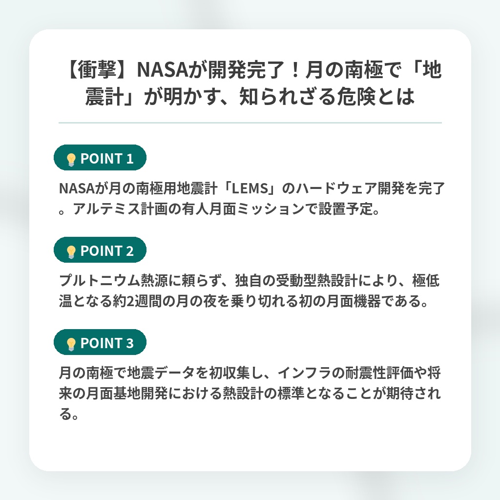 【衝撃】NASAが開発完了！月の南極で「地震計」が明かす、知られざる危険とはの注目ポイントまとめ