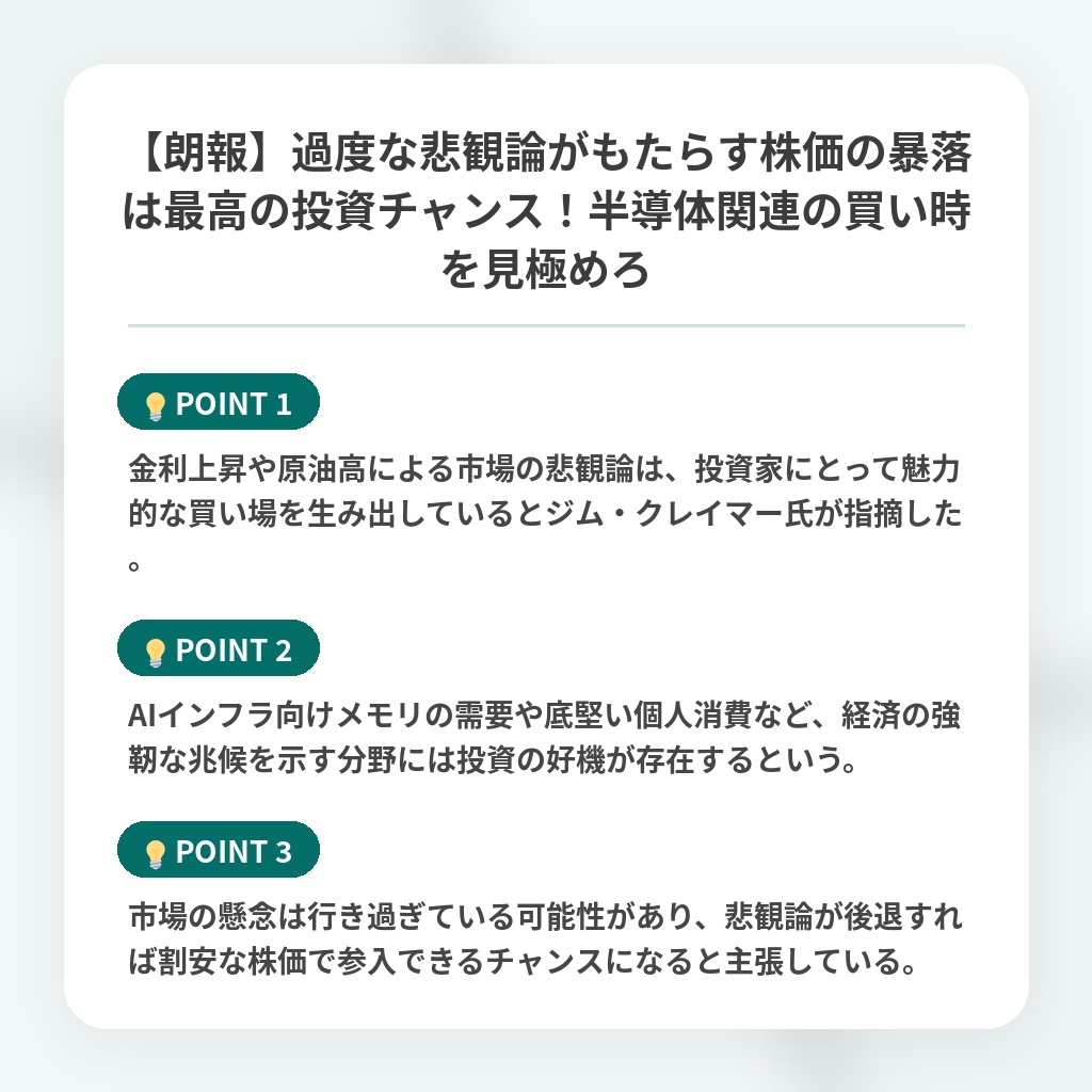 【朗報】過度な悲観論がもたらす株価の暴落は最高の投資チャンス！半導体関連の買い時を見極めろの注目ポイントまとめ