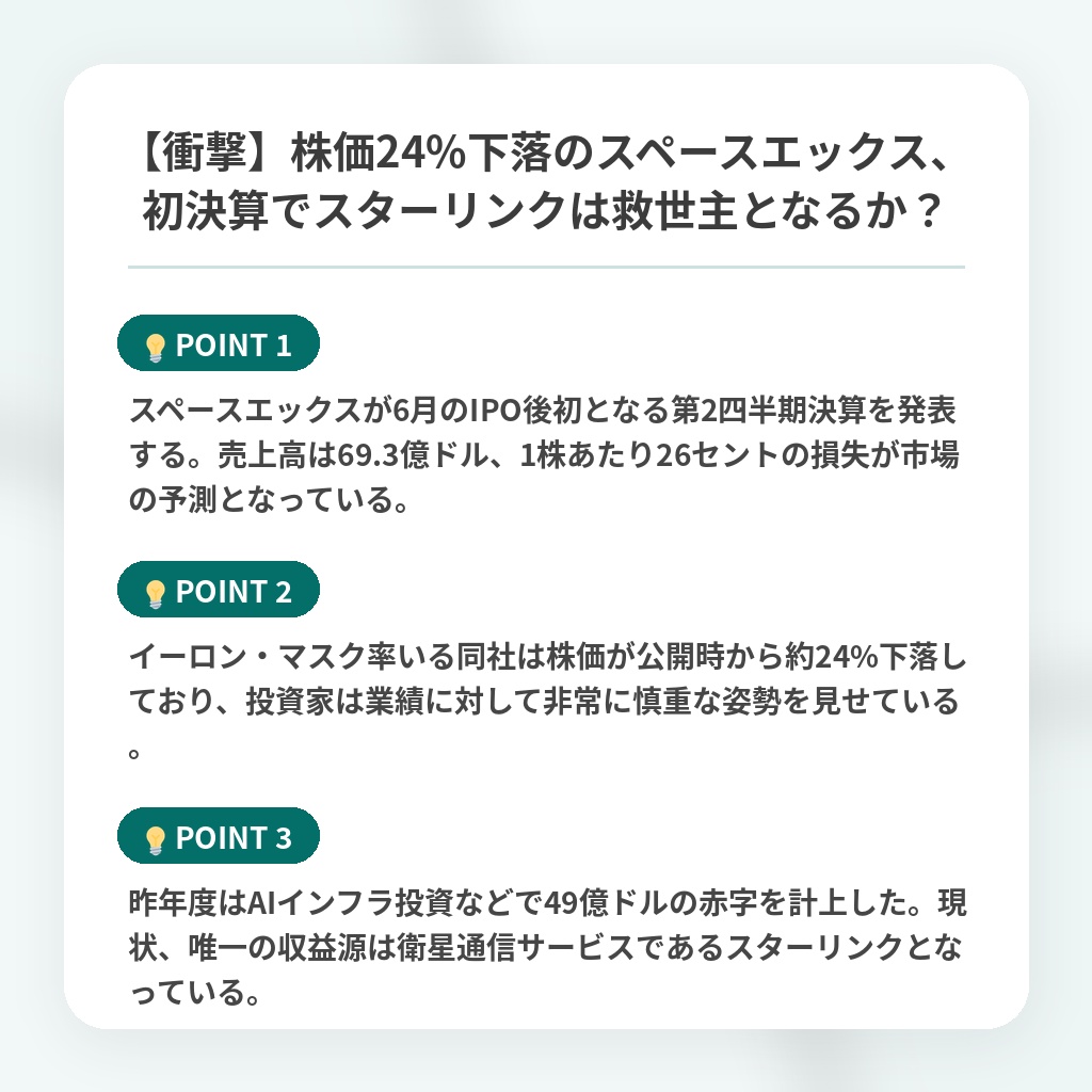 【衝撃】株価24%下落のスペースエックス、初決算でスターリンクは救世主となるか?の注目ポイントまとめ