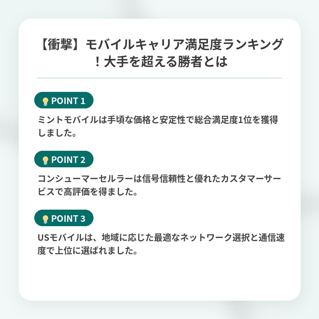 【衝撃】モバイルキャリア満足度ランキング！大手を超える勝者とはの注目ポイントまとめ