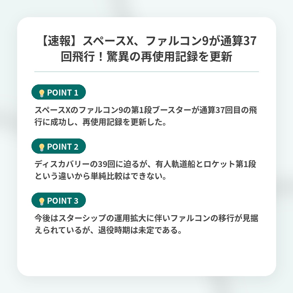 【速報】スペースX、ファルコン9が通算37回飛行！驚異の再使用記録を更新の注目ポイントまとめ