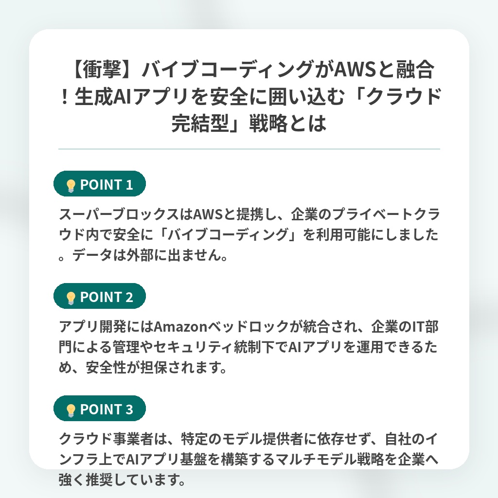 【衝撃】バイブコーディングがAWSと融合！生成AIアプリを安全に囲い込む「クラウド完結型」戦略とはの注目ポイントまとめ