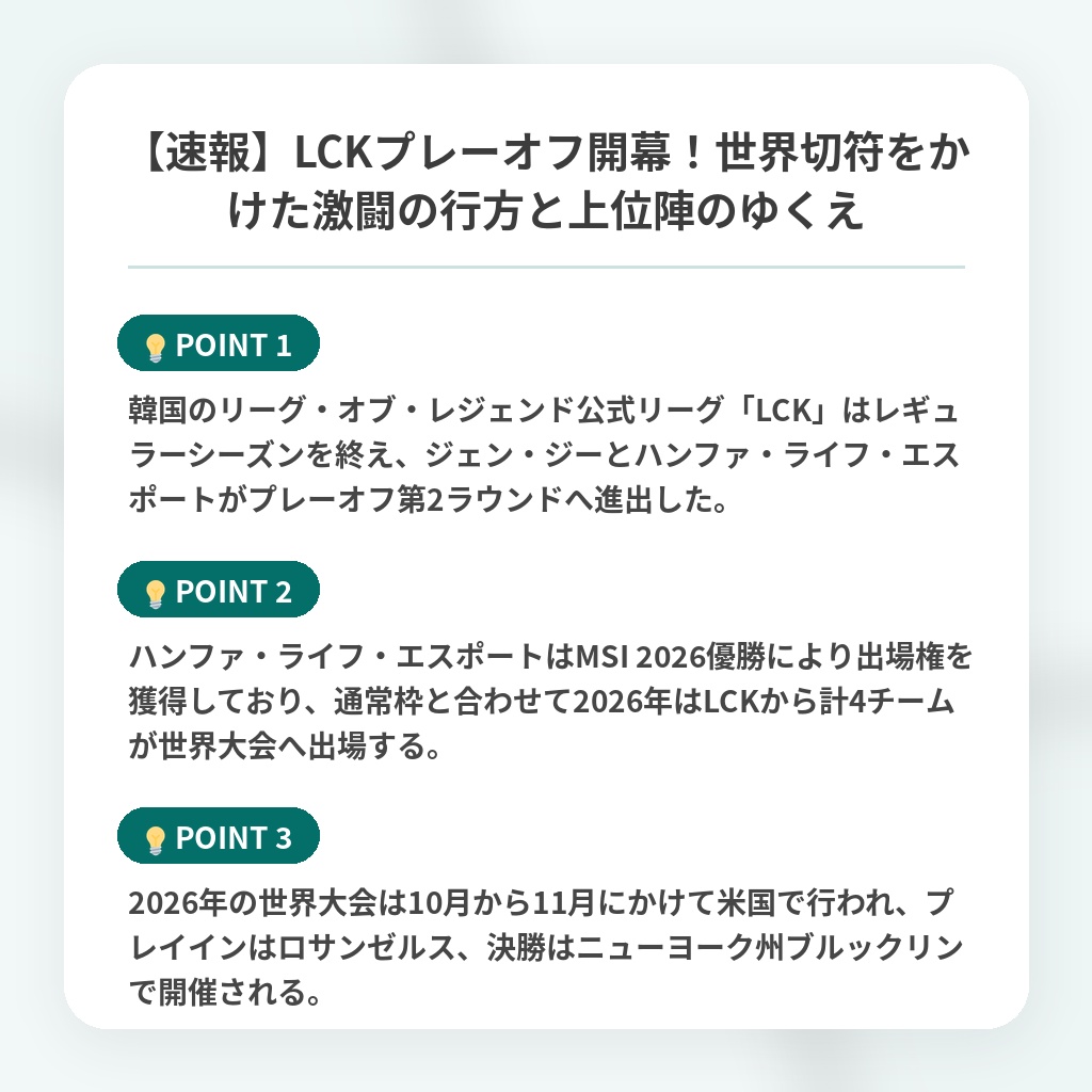 【速報】LCKプレーオフ開幕!世界切符をかけた激闘の行方と上位陣のゆくえの注目ポイントまとめ