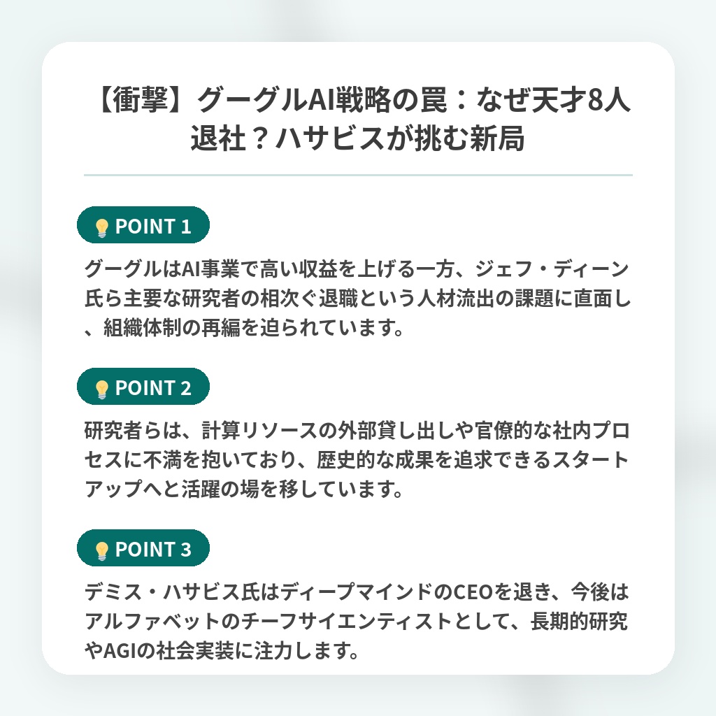 【衝撃】グーグルAI戦略の罠:なぜ天才8人退社?ハサビスが挑む新局の注目ポイントまとめ