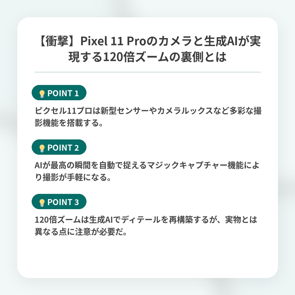 【衝撃】Pixel 11 Proのカメラと生成AIが実現する120倍ズームの裏側とはの注目ポイントまとめ