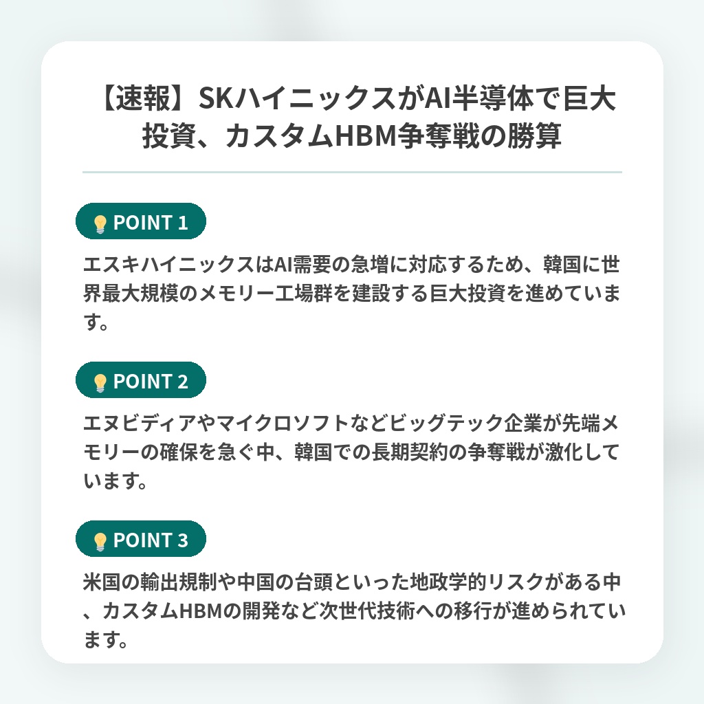 【速報】SKハイニックスがAI半導体で巨大投資、カスタムHBM争奪戦の勝算の注目ポイントまとめ