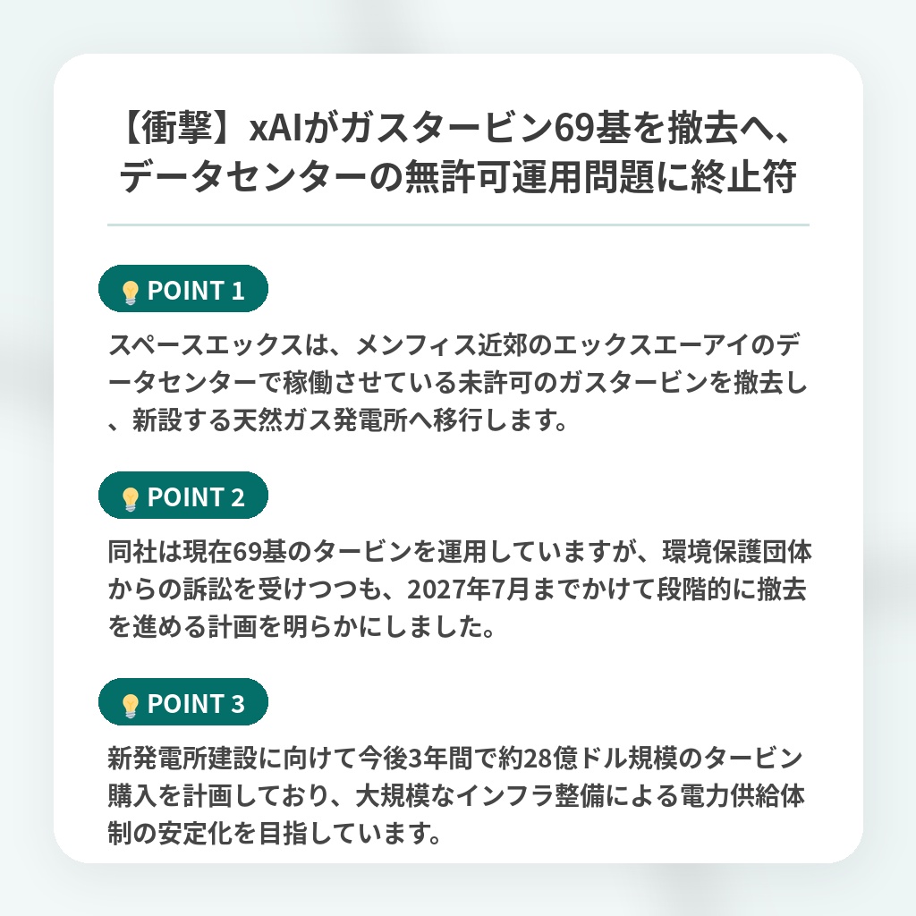 【衝撃】xAIがガスタービン69基を撤去へ、データセンターの無許可運用問題に終止符の注目ポイントまとめ