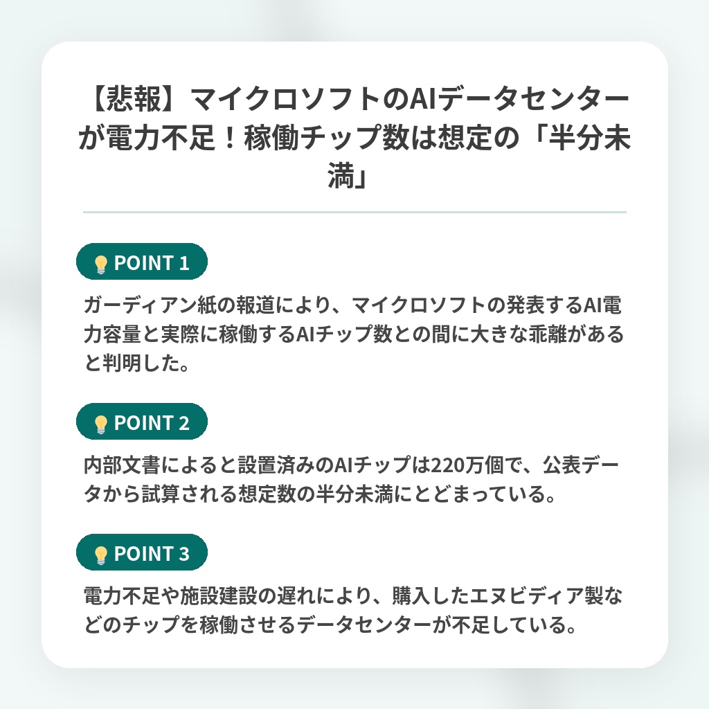 【悲報】マイクロソフトのAIデータセンターが電力不足！稼働チップ数は想定の「半分未満」の注目ポイントまとめ