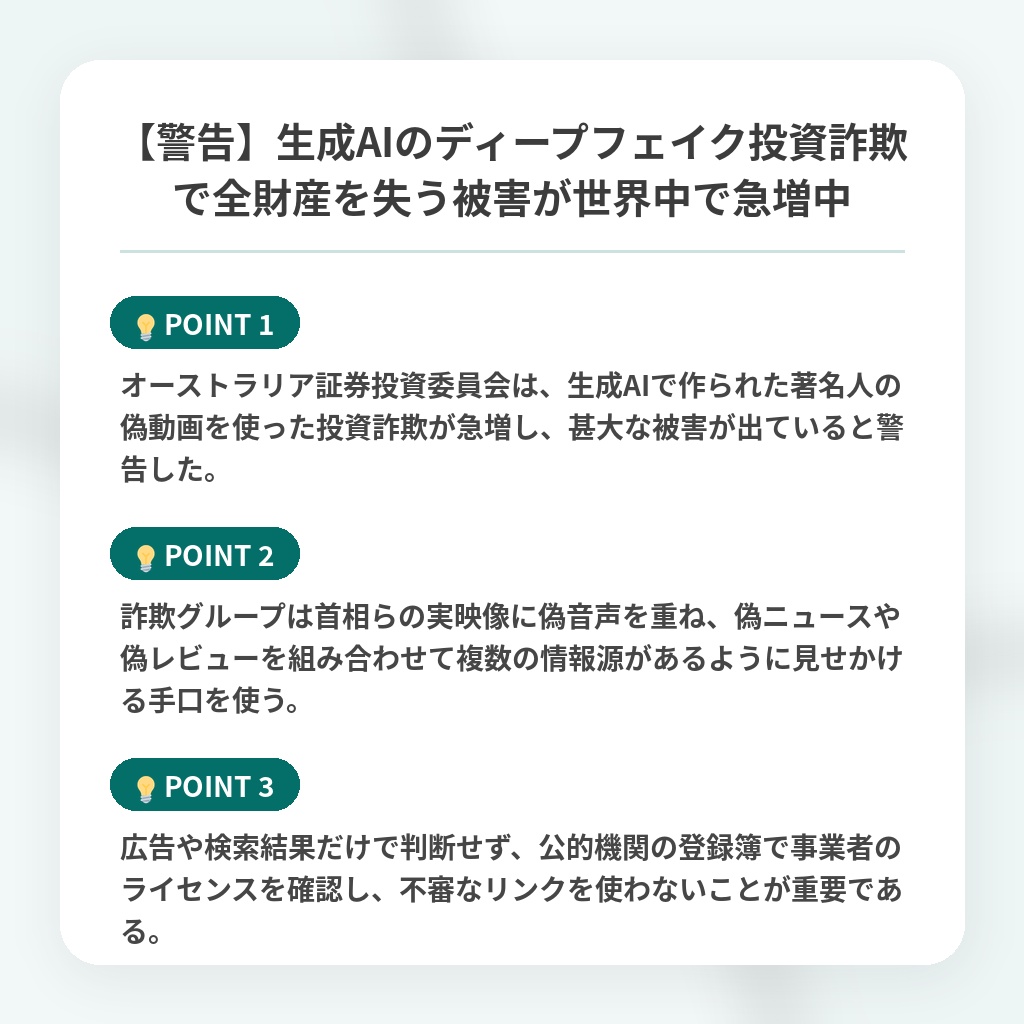 【警告】生成AIのディープフェイク投資詐欺で全財産を失う被害が世界中で急増中の注目ポイントまとめ
