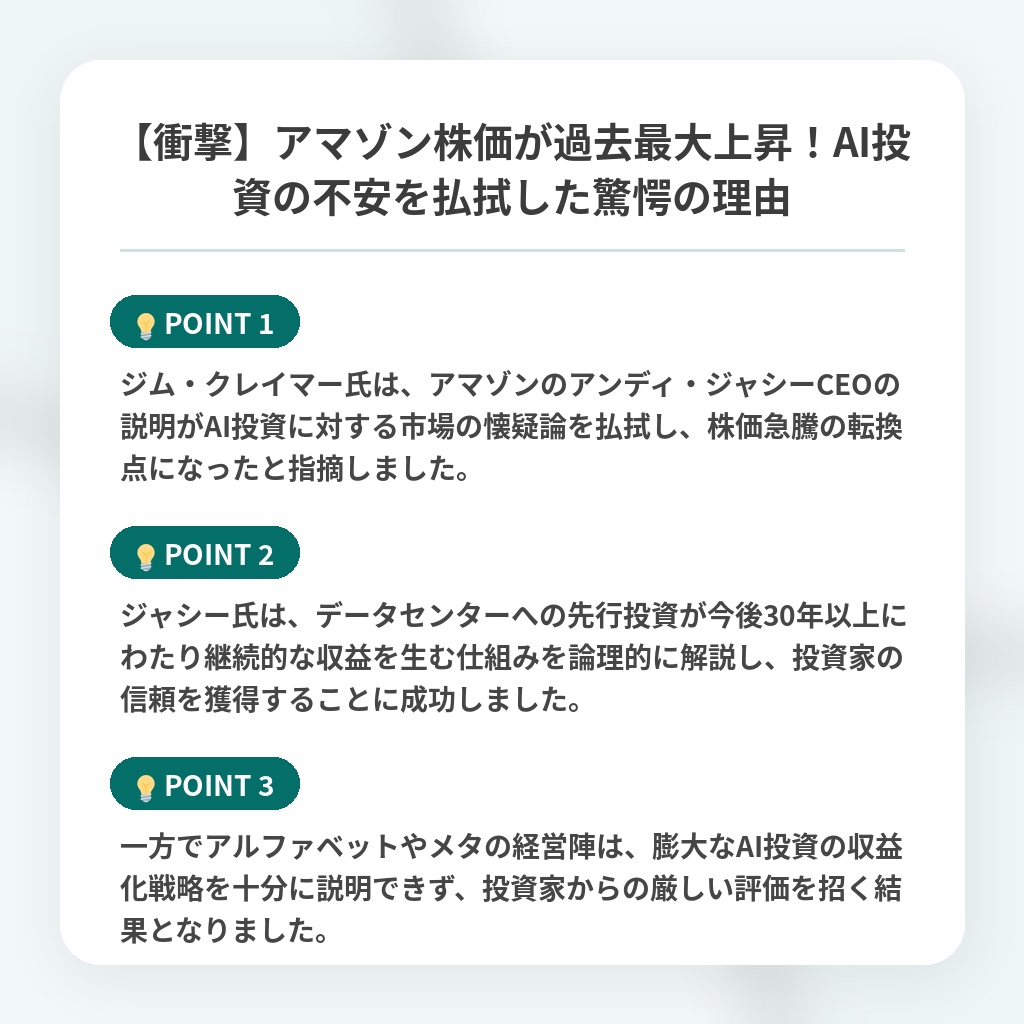 【衝撃】アマゾン株価が過去最大上昇!AI投資の不安を払拭した驚愕の理由の注目ポイントまとめ