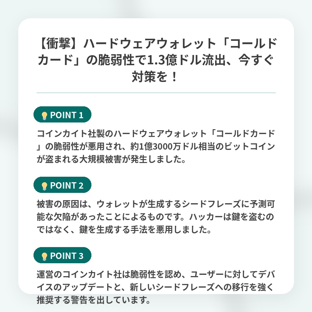 【衝撃】ハードウェアウォレット「コールドカード」の脆弱性で1.3億ドル流出、今すぐ対策を!の注目ポイントまとめ