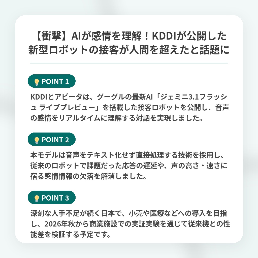 【衝撃】AIが感情を理解!KDDIが公開した新型ロボットの接客が人間を超えたと話題にの注目ポイントまとめ