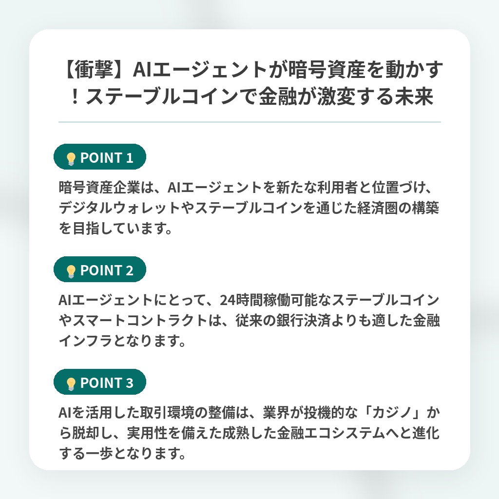 【衝撃】AIエージェントが暗号資産を動かす!ステーブルコインで金融が激変する未来の注目ポイントまとめ