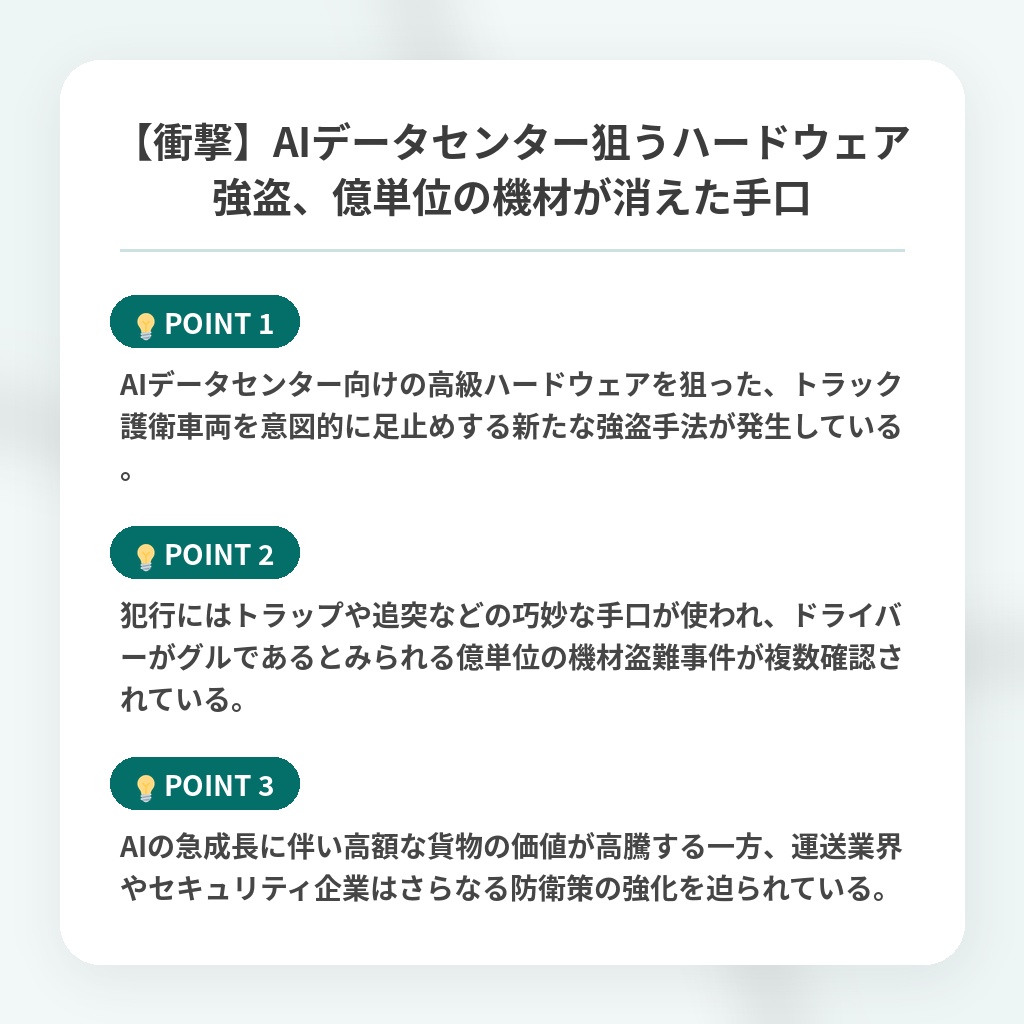 【衝撃】AIデータセンター狙うハードウェア強盗、億単位の機材が消えた手口の注目ポイントまとめ