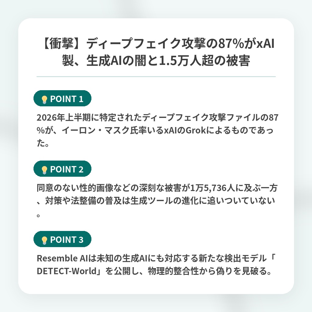 【衝撃】ディープフェイク攻撃の87%がxAI製、生成AIの闇と1.5万人超の被害の注目ポイントまとめ