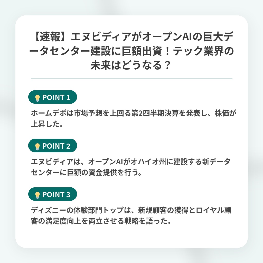 【速報】エヌビディアがオープンAIの巨大データセンター建設に巨額出資！テック業界の未来はどうなる？の注目ポイントまとめ