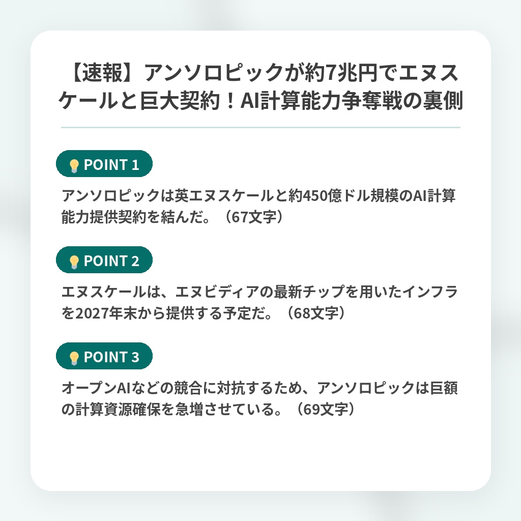 【速報】アンソロピックが約7兆円でエヌスケールと巨大契約！AI計算能力争奪戦の裏側の注目ポイントまとめ