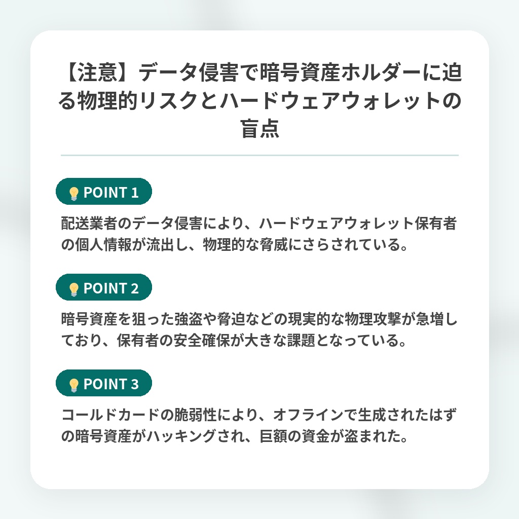 【注意】データ侵害で暗号資産ホルダーに迫る物理的リスクとハードウェアウォレットの盲点の注目ポイントまとめ