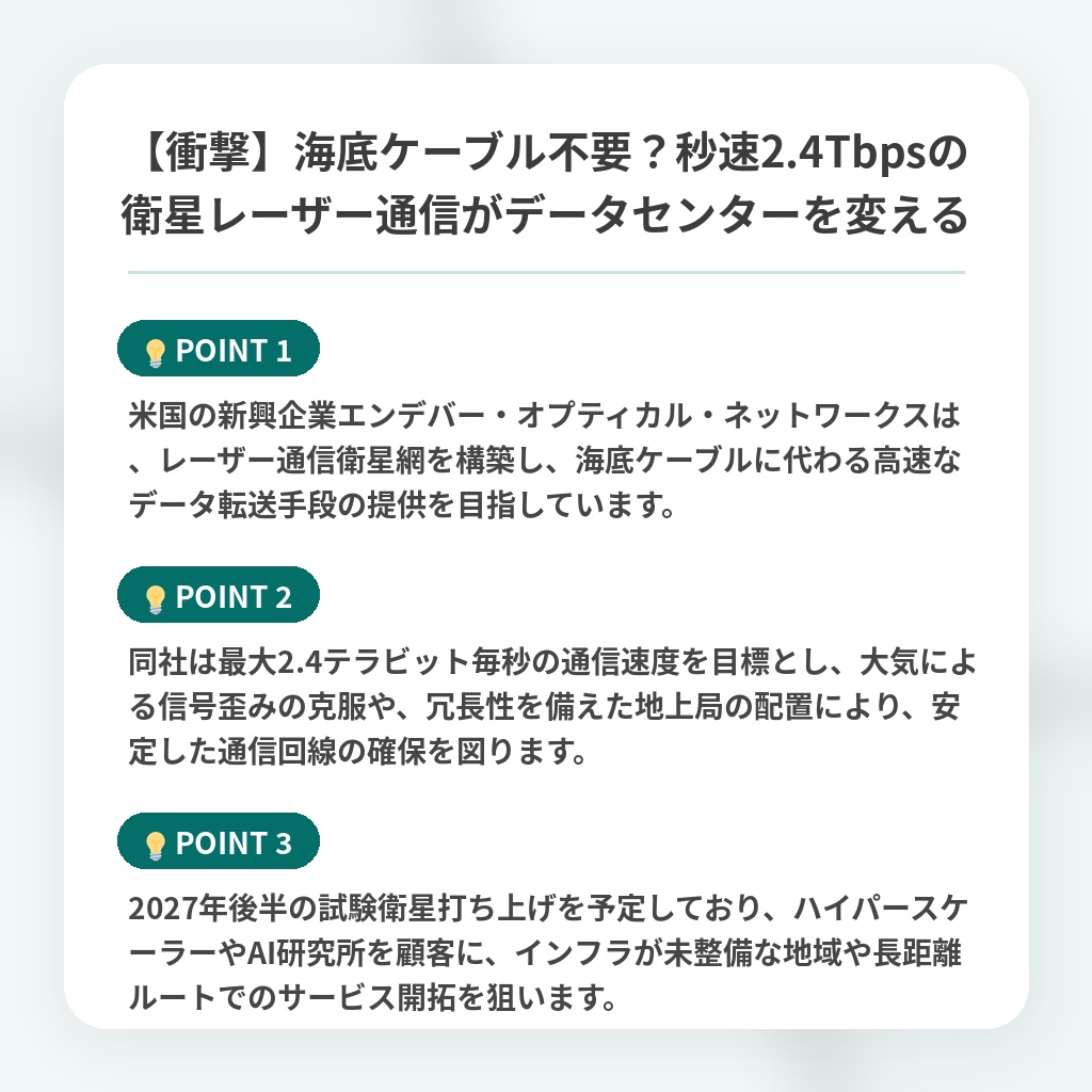 【衝撃】海底ケーブル不要?秒速2.4Tbpsの衛星レーザー通信がデータセンターを変えるの注目ポイントまとめ