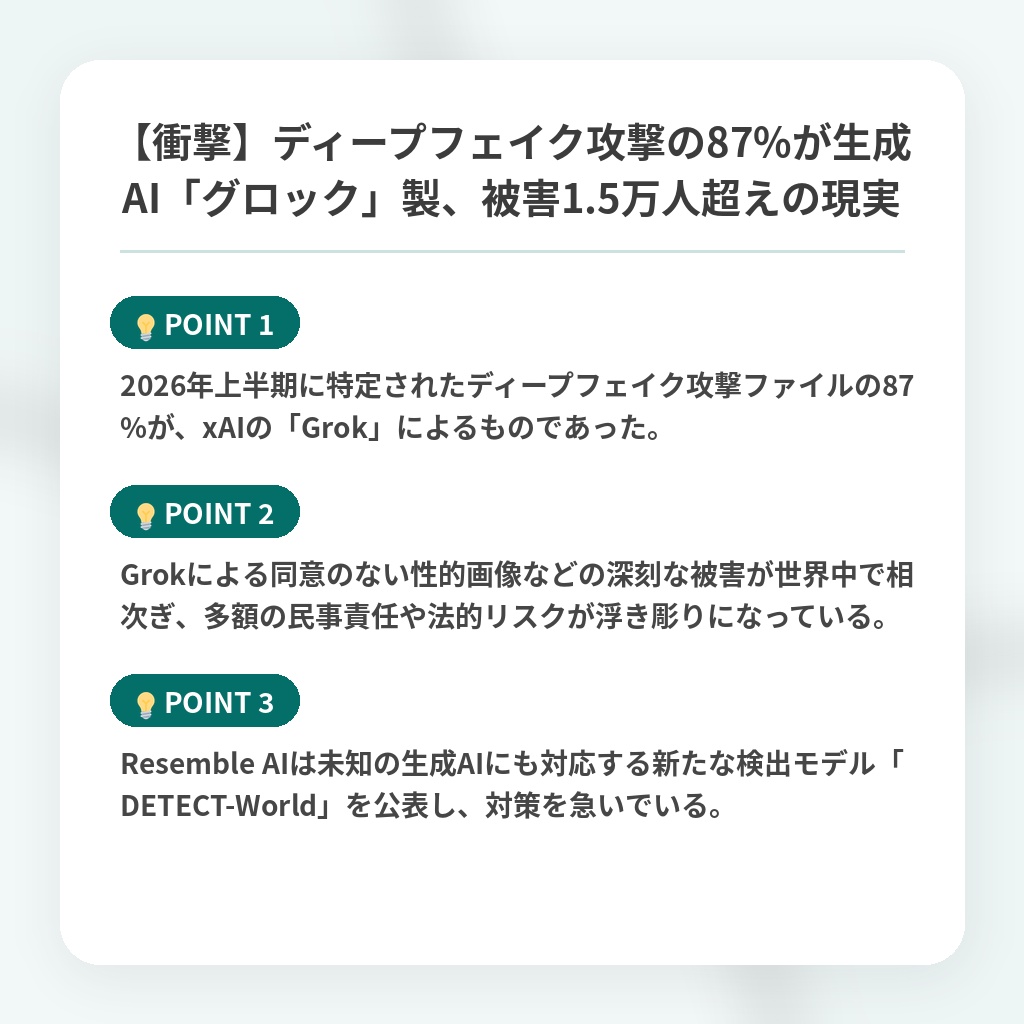 【衝撃】ディープフェイク攻撃の87%が生成AI「グロック」製、被害1.5万人超えの現実の注目ポイントまとめ