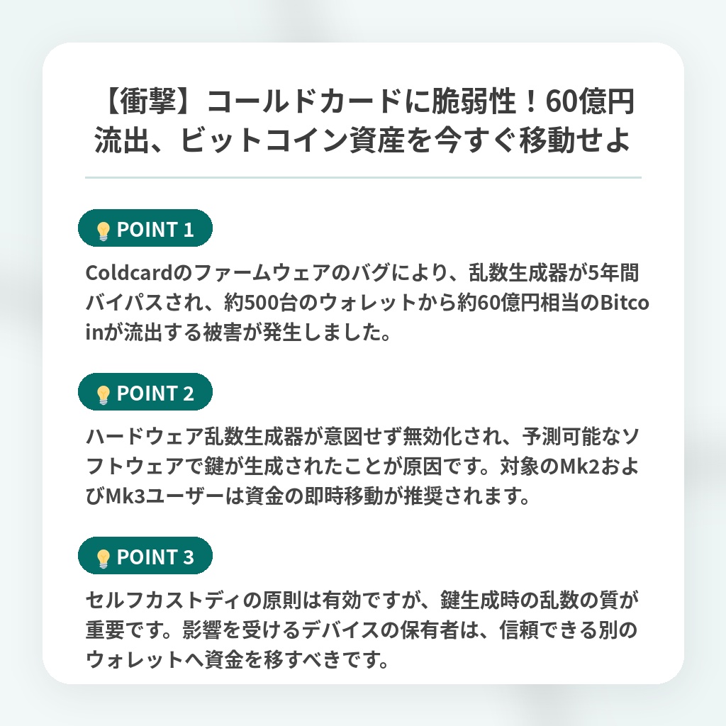 【衝撃】コールドカードに脆弱性!60億円流出、ビットコイン資産を今すぐ移動せよの注目ポイントまとめ
