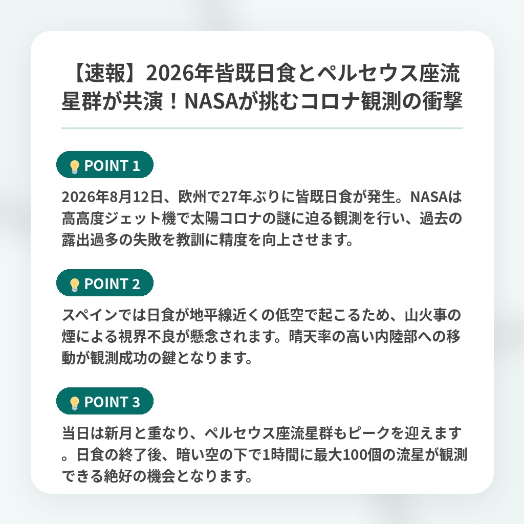【速報】2026年皆既日食とペルセウス座流星群が共演!NASAが挑むコロナ観測の衝撃の注目ポイントまとめ