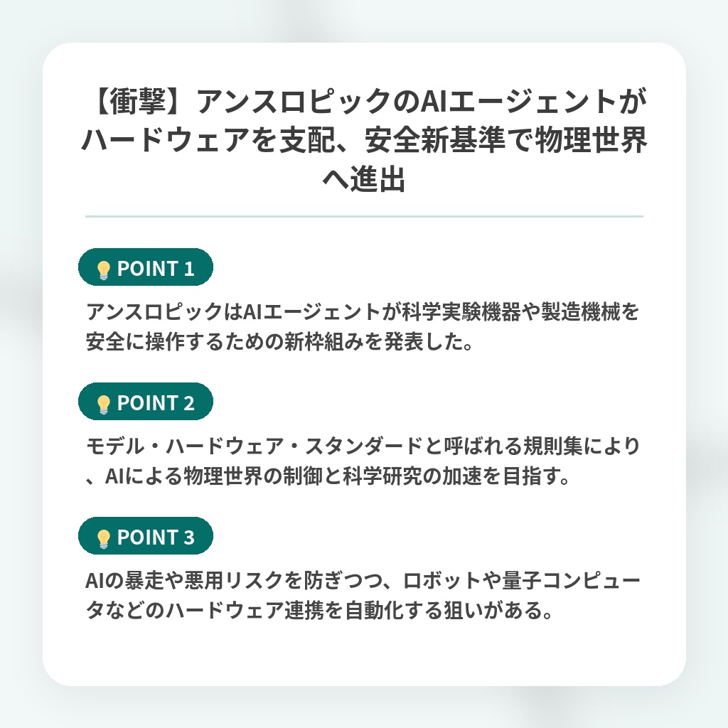 【衝撃】アンスロピックのAIエージェントがハードウェアを支配、安全新基準で物理世界へ進出の注目ポイントまとめ