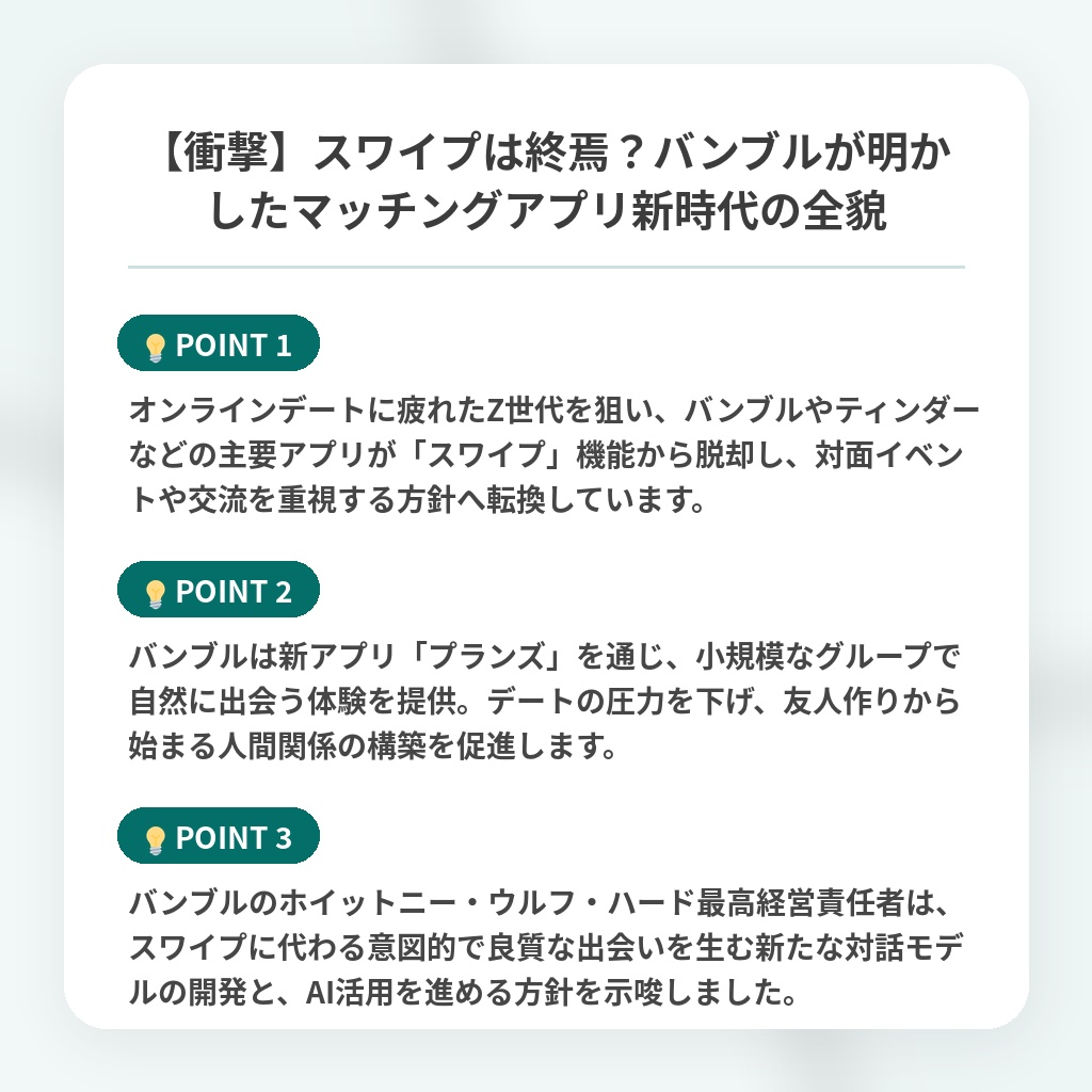 【衝撃】スワイプは終焉?バンブルが明かしたマッチングアプリ新時代の全貌の注目ポイントまとめ