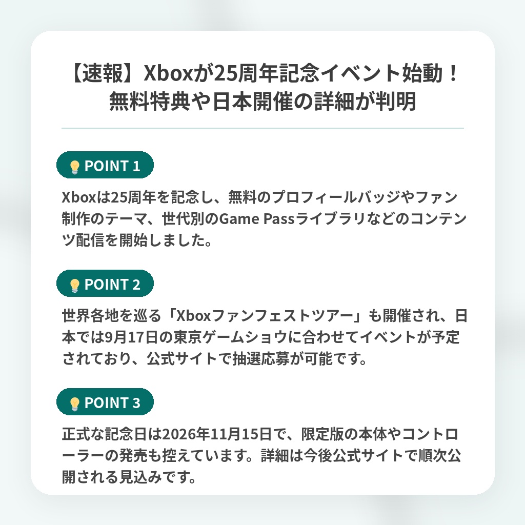 【速報】Xboxが25周年記念イベント始動!無料特典や日本開催の詳細が判明の注目ポイントまとめ