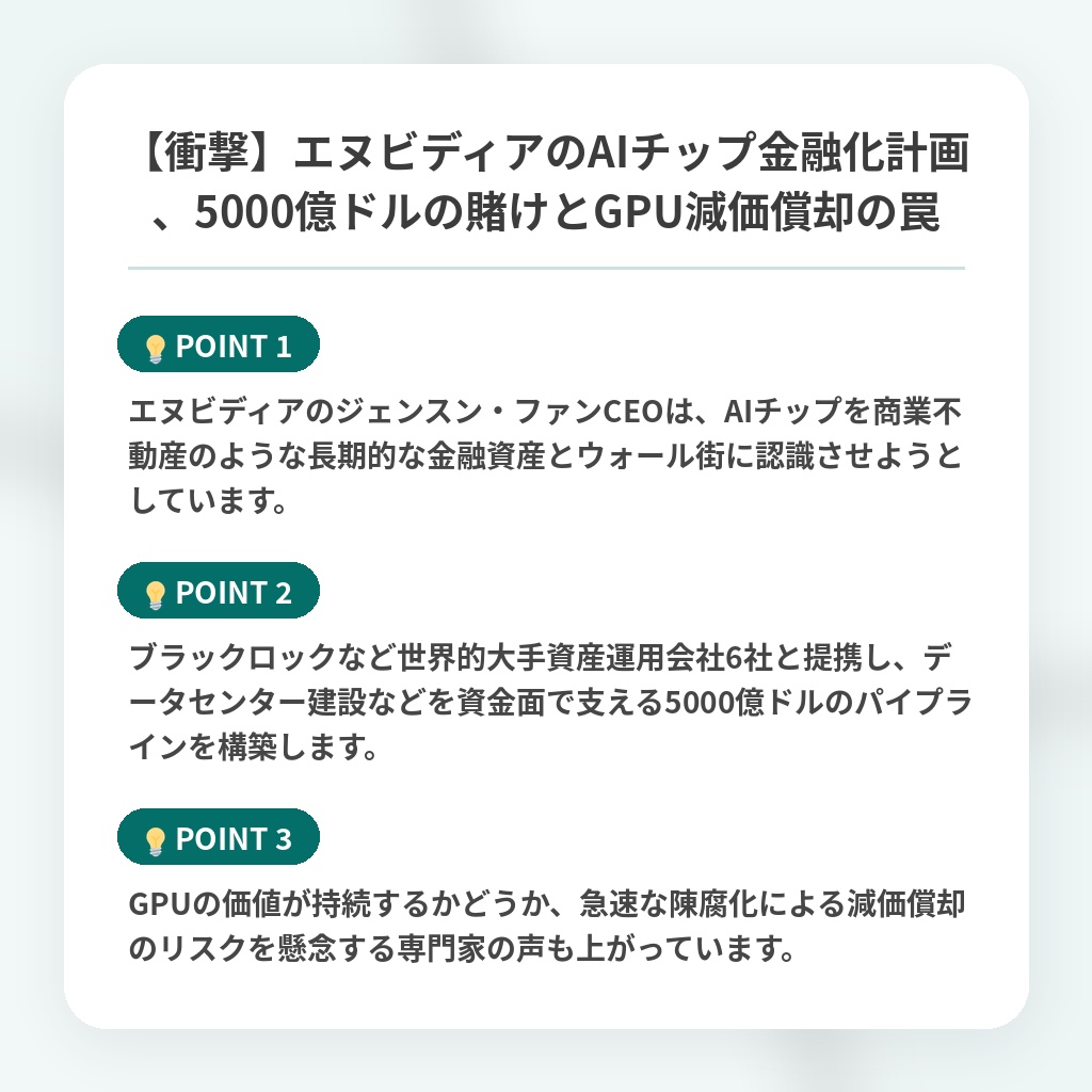 【衝撃】エヌビディアのAIチップ金融化計画、5000億ドルの賭けとGPU減価償却の罠の注目ポイントまとめ