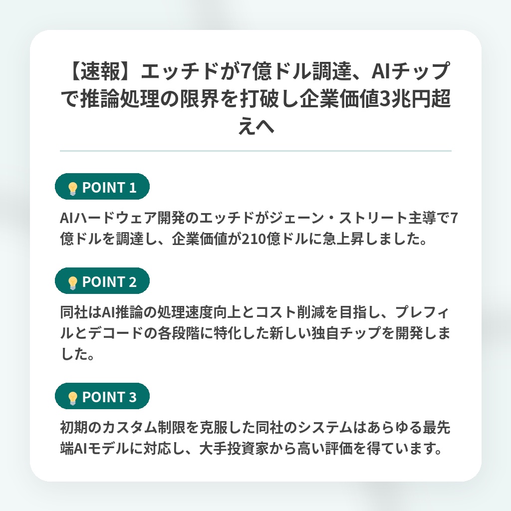 【速報】エッチドが7億ドル調達、AIチップで推論処理の限界を打破し企業価値3兆円超えへの注目ポイントまとめ