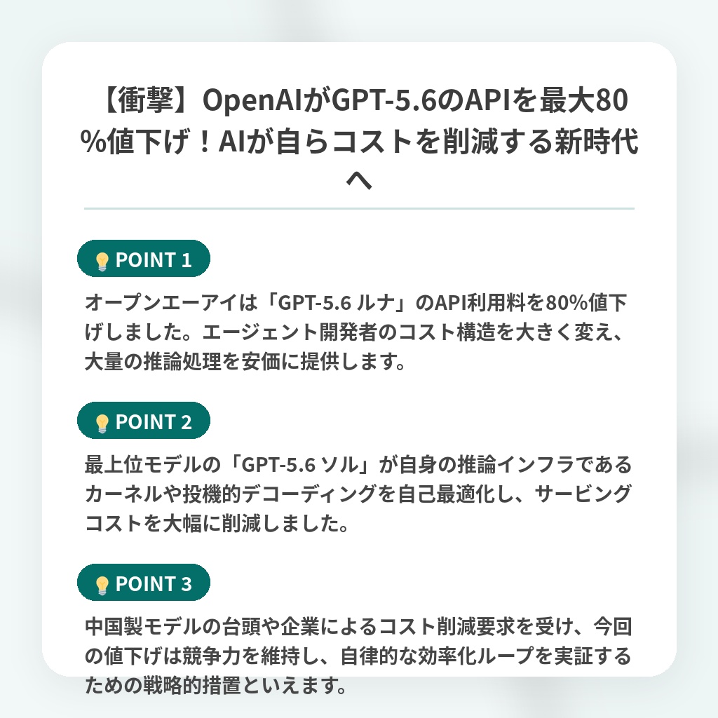 【衝撃】OpenAIがGPT-5.6のAPIを最大80%値下げ!AIが自らコストを削減する新時代への注目ポイントまとめ