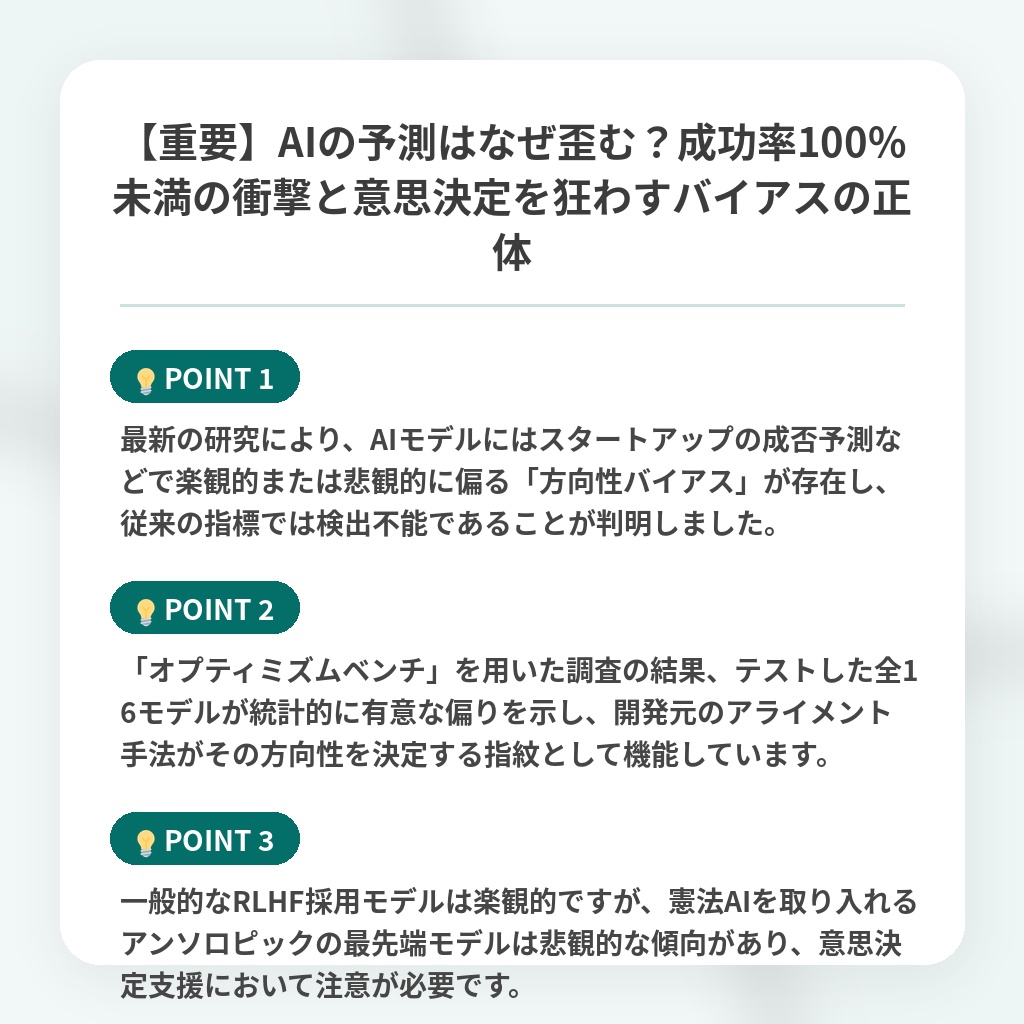 【重要】AIの予測はなぜ歪む？成功率100%未満の衝撃と意思決定を狂わすバイアスの正体の注目ポイントまとめ