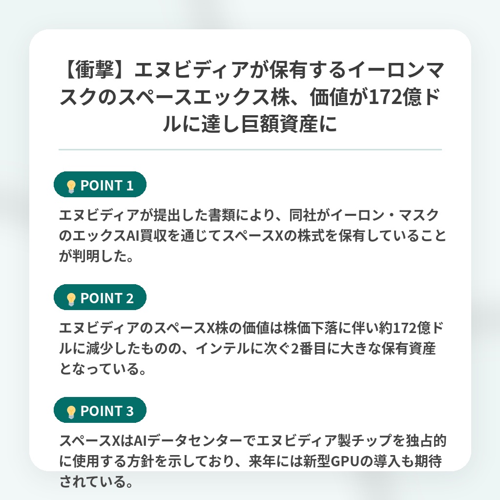 【衝撃】エヌビディアが保有するイーロンマスクのスペースエックス株、価値が172億ドルに達し巨額資産にの注目ポイントまとめ