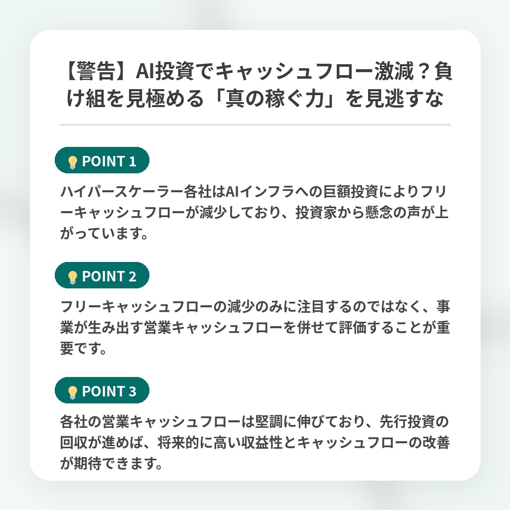 【警告】AI投資でキャッシュフロー激減？負け組を見極める「真の稼ぐ力」を見逃すなの注目ポイントまとめ